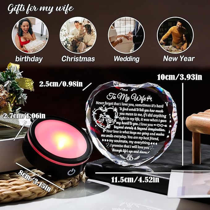 Arikyrist Crystal Heart Gifts for Wife from Husband with Colorful LED Base, Romantic Anniversary Wedding Gift Ideas to My Wife, Glass I Love You Keepsakes for Her