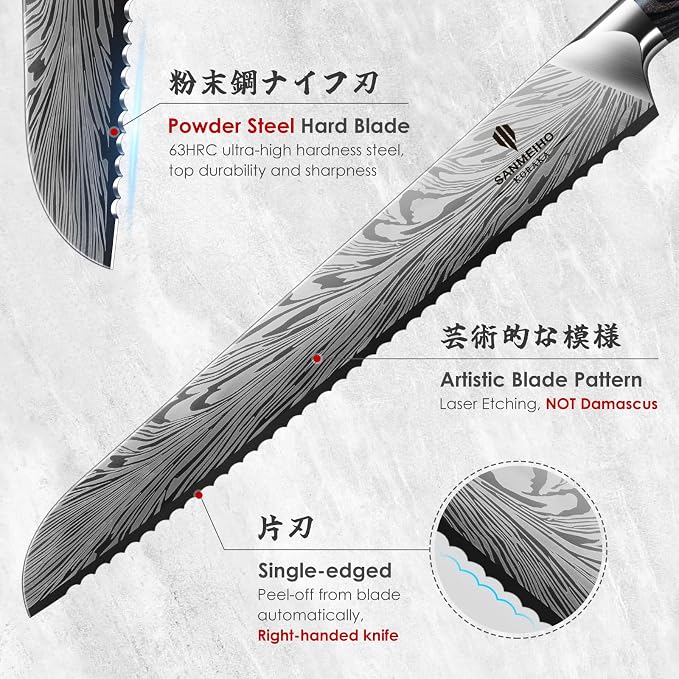 10 inch Bread Knife in Powder Steel, Serrated Bread Knife | for Homemade Bread Sourdough Ultra Sharp Bread Slicer Knives with Ergonomic Pakkawood Handle for Sourdough, Turkey and Fruit