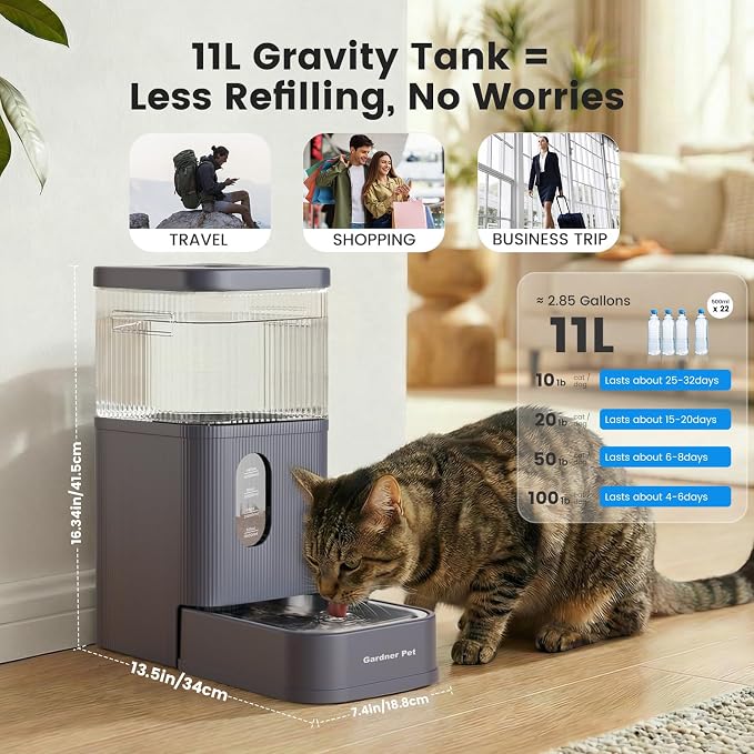 Gardner Pet 2.9 Gallon Automatic Dog Water Bowl Dispenser 11L Gravity Water Feeder with Stainless Steel Bowl & Maifan Stone Filter, BPA-Free for for Cats and Dogs (Grey, 2.9 Gallon)
