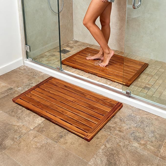 Utoplike Teak Bath Mat, Large Wood Shower Mats for Bathroom, 31.7 x17.9 in | with Non Slip Pads, Sturdy Solid Wooden, Floor Mat for Indoor Spa, Outdoor Inside Shower