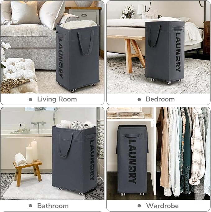 CHICVITA Hamper with Wheels 2-Pack, 75L Large Laundry Baskets with Removable Wash Bags, Foldable Laundry Baskets with Slim Design for Corner Dorms, Rolling Laundry Hamper on Wheels, Grey