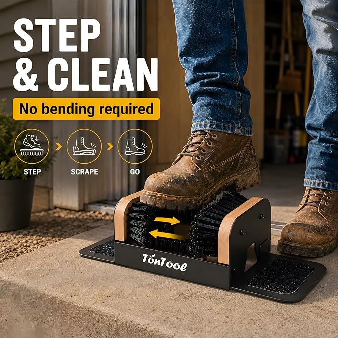Boot Brush Scraper Outdoor Heavy Duty Boot Cleaner Brush Outdoor with Natural Stiff Bristles Boot Scrapers with Brushes Outdoor Steel Frame Non-Slip Base Foldable Side Wings Wall Mount or Freestanding