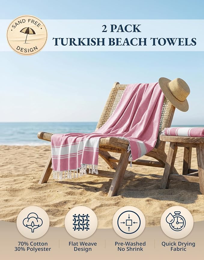 LANE LINEN Turkish Beach Towels, Super Absorbent, Travel Towel - Candy Pink | 2 Pack Extra Large Beach Towel - Pre-Washed for Soft Feel - 39"x71", Vacation Essential - Machine Washable, Travel & Camping