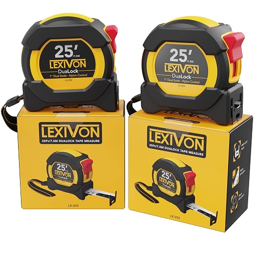 LEXIVON [2-Pack] 25Ft/7.5m DuaLock Tape Measure | 1-Inch Wide Blade with Nylon Coating, Matt Finish White & Yellow Dual Sided Rule Print | Ft/Inch/Fractions/Metric (LX-202)