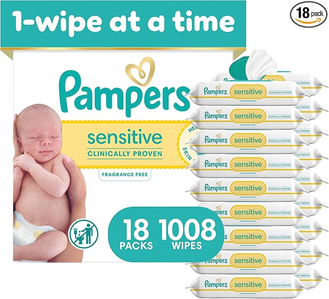 Pampers Sensitive Baby Wipes, Clinically Proven, Fragrance Free, Unscented, Water Based, Hypoallergenic, Multi-Use, Hand Wipes 1008 Wipes Total (18X Flip-Top Packs) [Packaging May Vary]