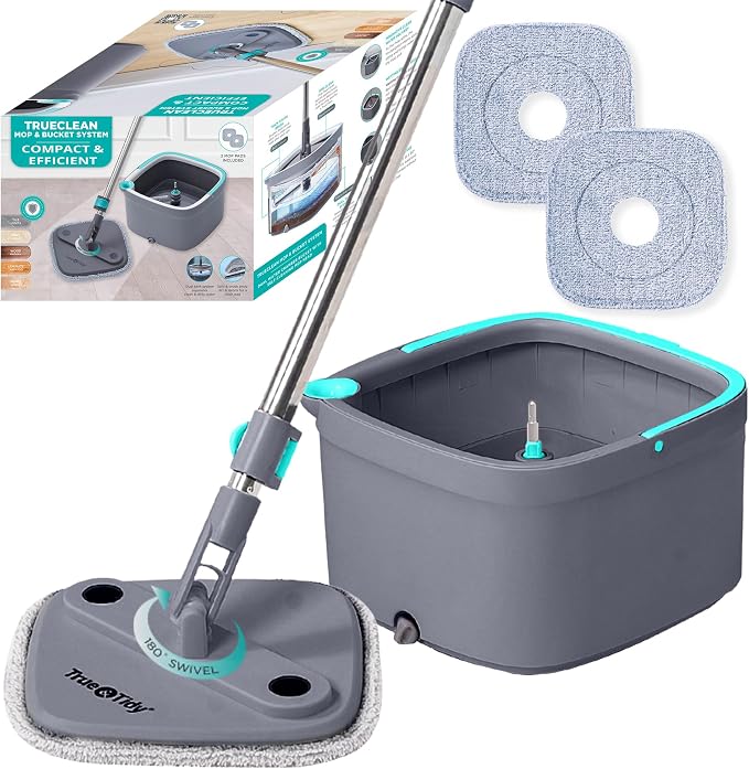 True & Tidy Square Spin Mop & Bucket System w/ 2pc Machine Washable Pads