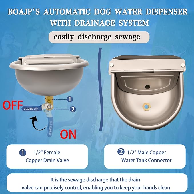 Automatic Dog Water Dispenser, Outdoor Chicken Waterer with Drain Valve, Easy Cleaning, Stainless Steel Auto Livestock Water Bowl with Float Valve, Self Drinking Trough for Horse (1 Gallon)