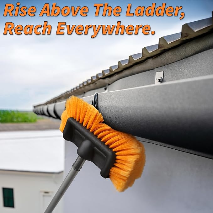 Exterior House Cleaning Brush Set with 5-8 ft Extension Pole // Vinyl Siding Brushes with Telescopic Extendable Pole & Window Cleaning Squeegee Tool // The Ultimate Extension Scrub Brush Set