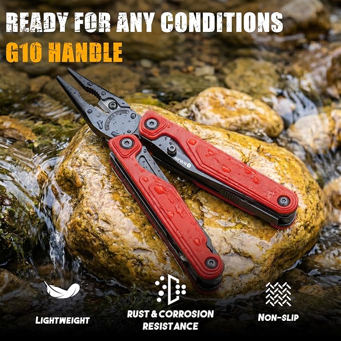 BIBURY Lightweight G10 Handle Multitool Pliers, 25-in-1 EDC Multi Tool with Replaceable Wire Cutters, Scissors, One-Hand Opening Pocket Knife Survival Tools for Camping, Repair,Survival -BI2048R