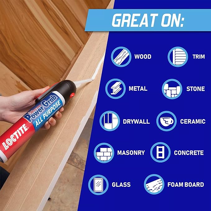 Loctite Power Grab Express All Purpose Construction Adhesive, 7.5 fl oz, 1 Pressure Pack - Versatile Construction Glue for Cement, Tile, Wall & More