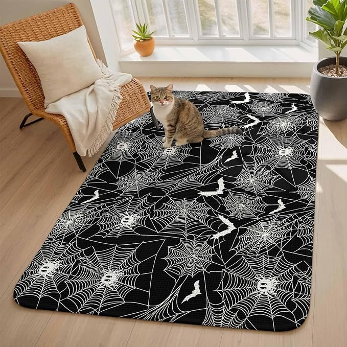 Halloween Washable Area Rugs for Living Room Bedroom, Large Non Slip Indoor Floor Carpet Absorbent Low Pile Black Scary White Bat Animal Net Geometric Door Mat Rugs for Bathroom Entryway 63"x78.7"