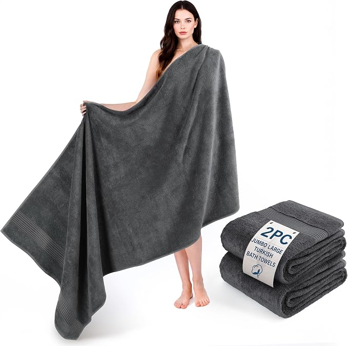 Cotton Paradise 100% Cotton Turkish Towel Set, Soft Absorbent Quick Dry, 2 Piece 35x70 Bath Sheet Set, Dark Gray