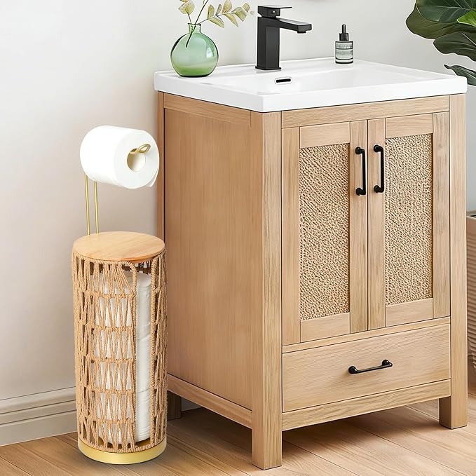 Trongee Freestanding Toilet Paper Holder with Storage,Goldn Handmade Woven Toilet Paper Roll Holder Stand,3 Rolls of Tissue Holder for Bathroom,Rattan Sturdy Boho Bathroom Toilet Paper Storage