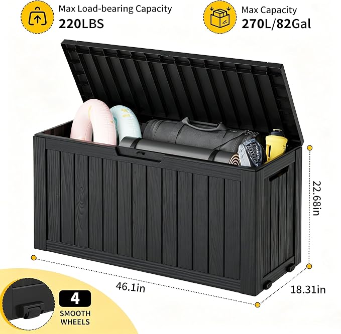 Deck Box, 82 Gallon Resin Indoor and Outdoor Storage Box Waterproof for Garden Tools, Pool Accessories Storage Bench, Patio Furniture and Cushions with Lockable Lid, Black