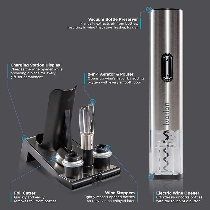 Ivation 6-in-1 Electric Wine Opener Gift Set, Preserver, Charging Base | Stainless steel bar collection for hosts - includes aerator, foil cutter, and date-stamped stoppers to keep bottles fresh