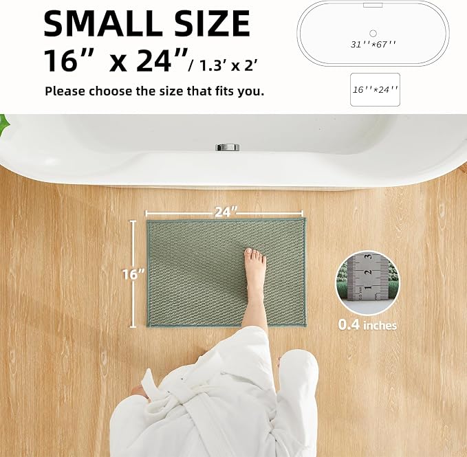 TYUU Bathroom Rugs Non Slip Washable, Super Absorbent Thin Bath Mat Small Quick Dry Low Pile Bathroom Rug, Sage Green 16"x24"