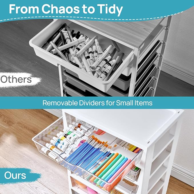 Vtopmart 10 Tier Rolling Cart with Drawers, Clear Plastic Drawers with Removable Dividers for Art &Office Supplies, Beauty Products, Toy, Under Desk Storage for Craft Room, Classroom