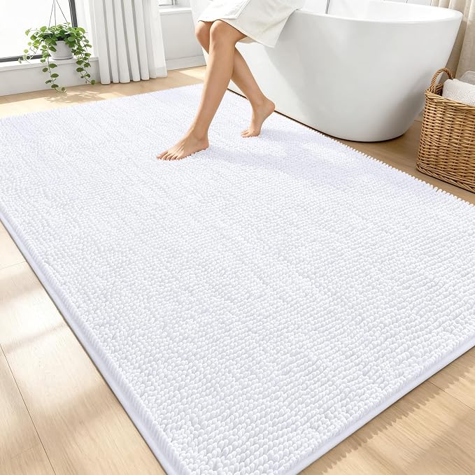 OLANLY Large Bathroom Rugs 70x46, Extra Soft Absorbent Chenille Bath Rugs, Rubber Backing Quick Dry, Machine Washable Bath Mats for Bathroom Floor, Tub and Shower, Home Decor Accessories, White