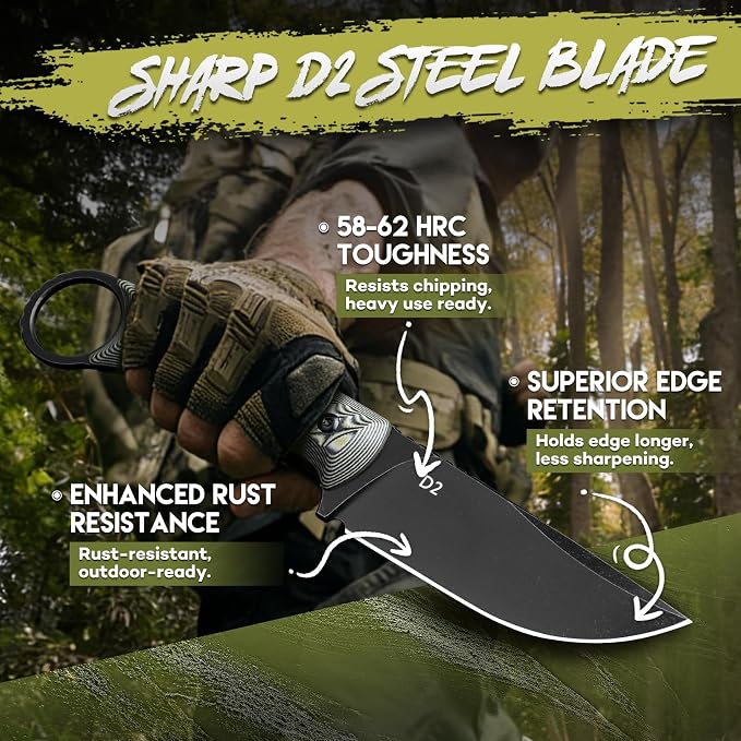 Purple Dragon Fixed Blade Knife with Kydex Sheath -Survival Knife Gray | Forged from a Single Piece of D2 Steel, Full Tang G10 Handle, Gift Box, for Outoor Camping