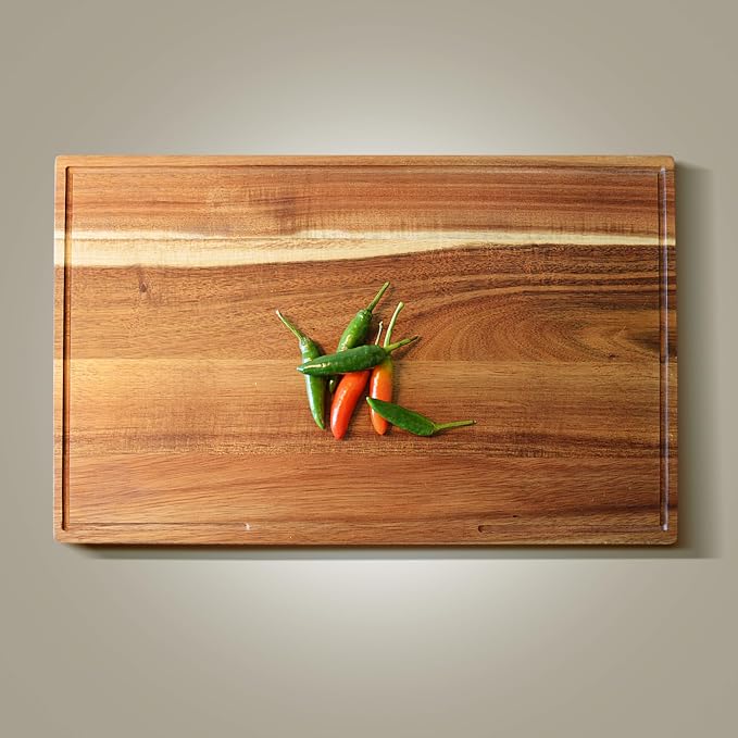 Acacia Wood Cutting Board for Kitchen, Thick Non Toxic Butcher Block | Hard Wood Edge Grain With Juice Groove 25" x 15" (Thick 1.7") Professional Heavy Duty Wooden Chopping Board (Oil Included)