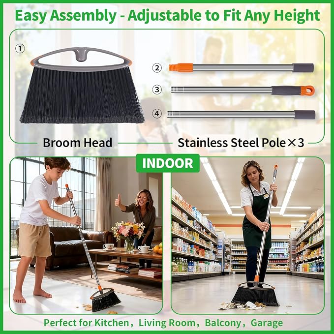 2 Pack Soft Bristle Broom for Pet Hair, Heavy Duty Collapsible Sweeping Broom for Indoor Hardwood Floors, Outdoor Deck, Kitchen, Patio, Stainless Steel Handle, Gray