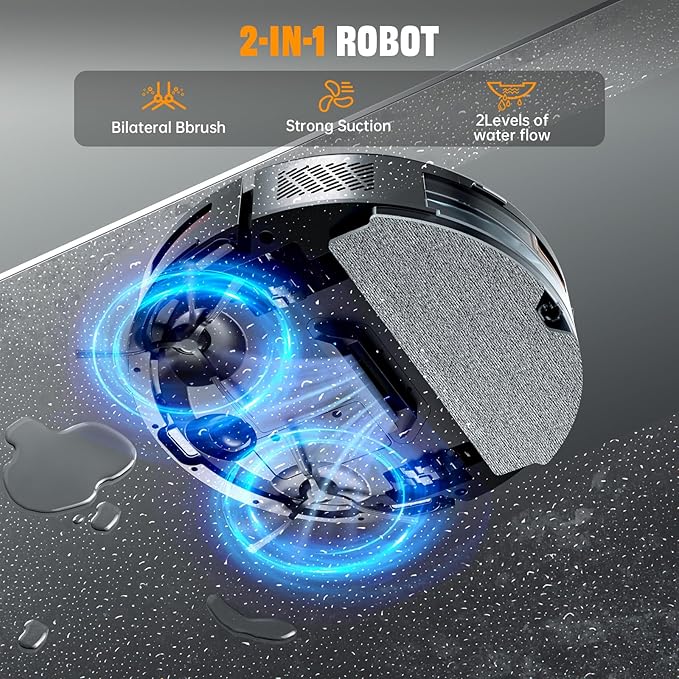 Robot Vacuum and Mop, 6500Pa Suction, 2 in 1 Robotic Vacuum with Gyro Inertial Navigation, 200 Min Runtime, App/Remote/Voice Control, Ideal for Pet Hair, Hard Floor, Carpet