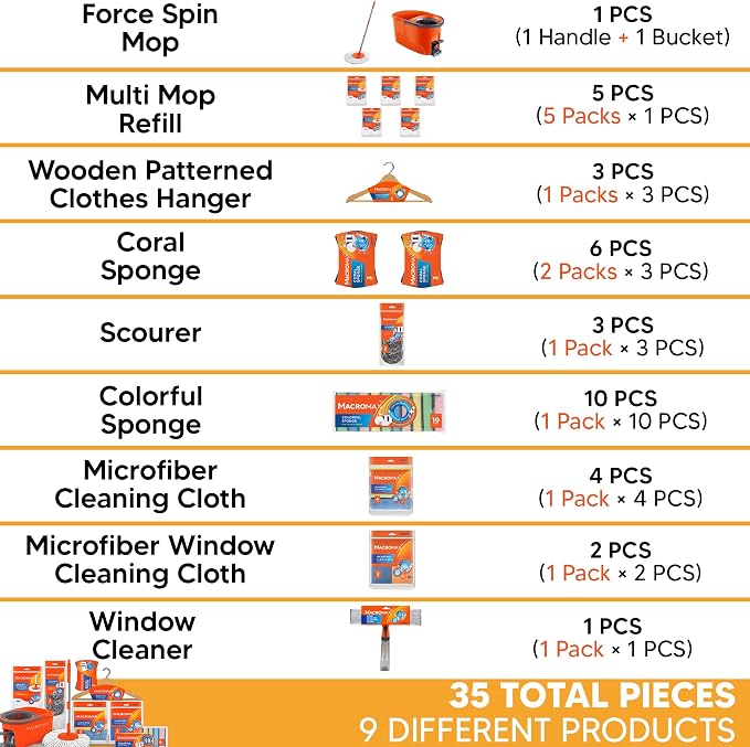 Complete Home Cleaning Kit with Spin Mop Bucket 5 Refills Cloths Sponges Scourers Household Supplies Set