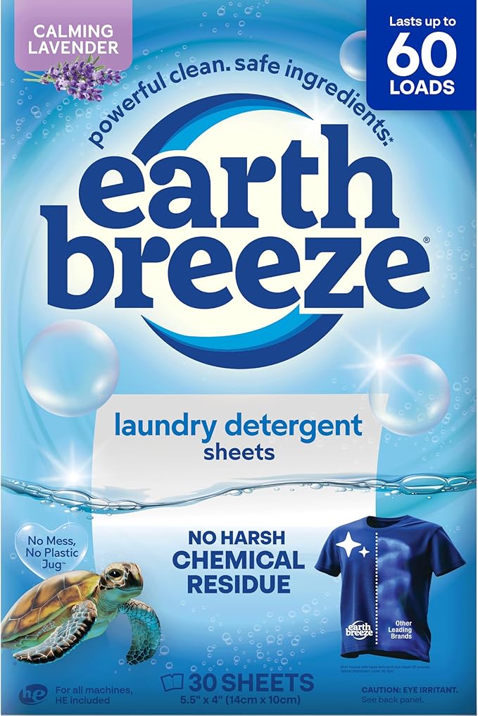 Earth Breeze Laundry Detergent Sheets Calming Lavender - 60 Loads - Eco Laundry Sheets - Travel Laundry Soap Sheets for Hot & Cold Cycles - Tackles Tough Stains & Odors - Gentle on Skin, 30 Ct