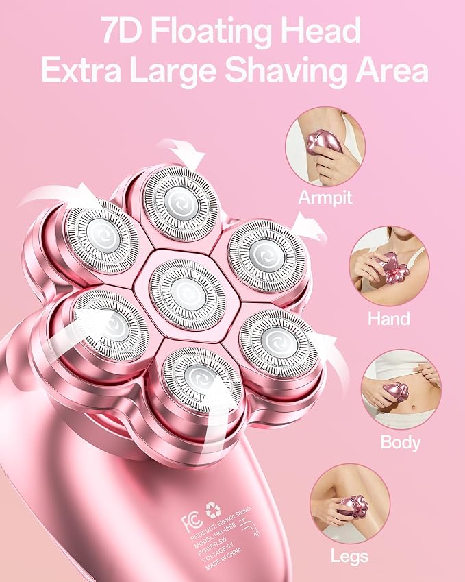 5-in-1 Electric Razors for Women, 7D Magnetic Heads Full Body Shaver, Waterproof Wet Dry Hair Remover with LED Display, Rechargeable Bikini Trimmer for Underarms, Face, Legs, Lips, Arms (Pink)