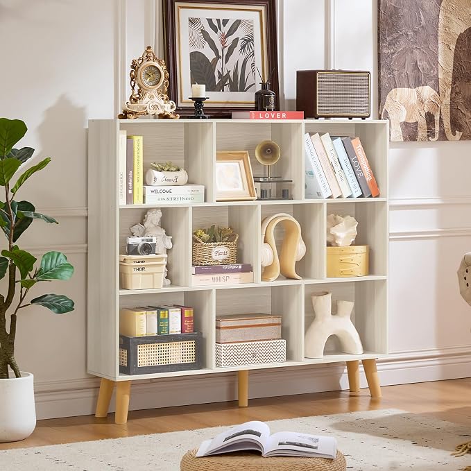 LEYAOYAO 10 Cube Bookshelf,Mid-Century Modern Bookcase with Legs,Light Grey | 3 Tier Book Shelf,Rustic Wood Bookshelves Freestanding Large Storage Organizer, Open Shelves for Bedroom, Living Room, Office