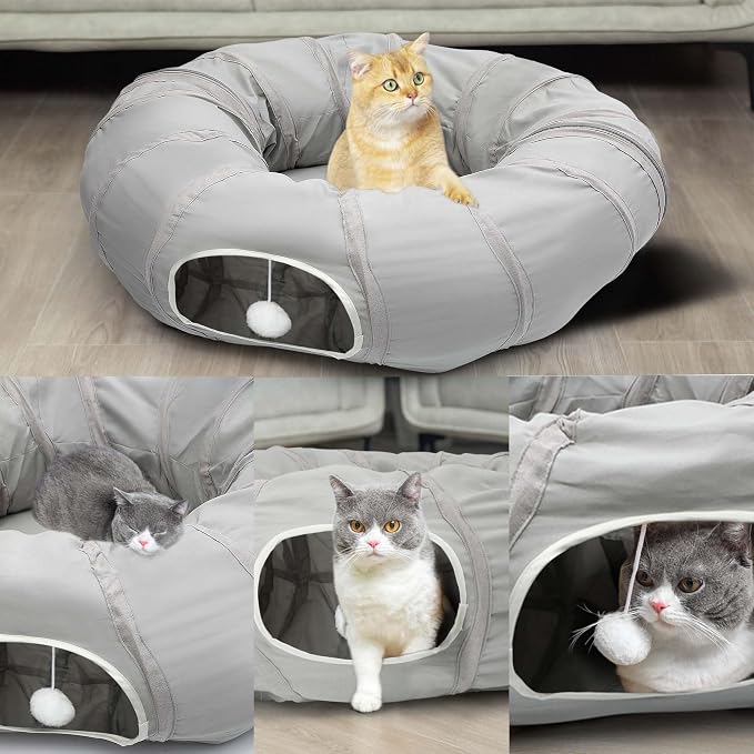AUOON Cat Tunnel with Bed for Kitten Puppy Rabbit Ferret, Light Grey | 2-in-1 Interactive Cat Toy, with Hanging Ball Toy, Machine Washable Center Pad, 36"L x 36"W x 11.5"H