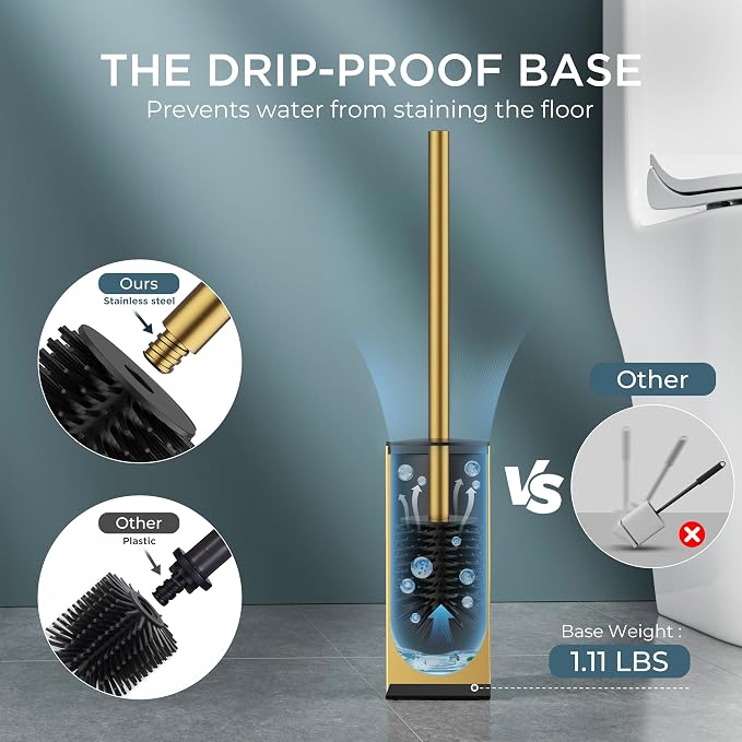 FORIOUS Tall Toilet Brush and Holder Set, Heavy Duty 304 Stainless Steel Base Square and Long Handle for Bathroom Deep Cleaning, Drip-Proof, Space Saving for Storage, 2 Toilet Bowl Brush Head, Gold