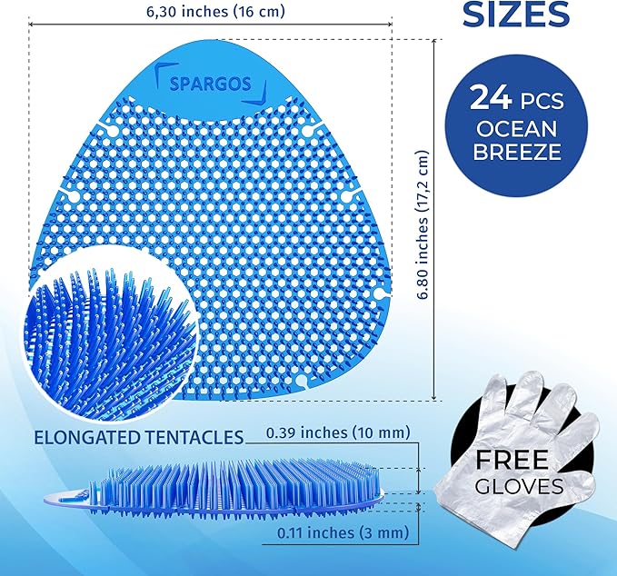 Urinal Screen Deodorizer (24 Pack) - Urinal Cakes - Fresh 3d Wave Anti-Splash - Odor Protection for Toilets in Bathroom Office Stadiums Schools with Free Gloves - 24 pcs Blue Spectrum Model