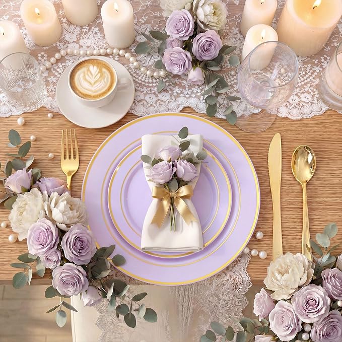 WDF Partyware 350PCS Purple Plates Disposable - Purple Plastic Plates 50Guests Lavender Disposable Dinnerware Sets with Rolled Napkins for Wedding/Birthday/Baby Shower/Bridal Shower