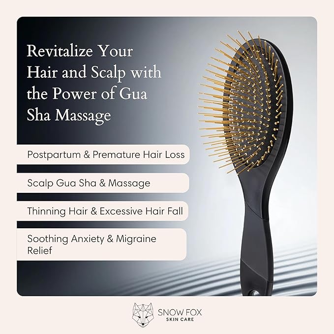 Snow Fox Skincare Gua Sha Hair Brush - Black Edition. Scalp Massage Comb with Gold-Plated Metal Bristles for Healthy Follicles. Soothing Gua Sha Acupressure Tool for All Hair Types