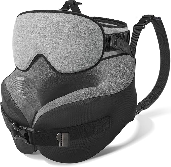 YFONG Travel Pillow for Long Flight Airplane, Head Strap Combo with 3D Contoured Sleep Eye Mask, Neck Pillow for Travel Essential, 360° Support Memory Foam Headrest, Prevent Bobbing, Drawstrap - Grey