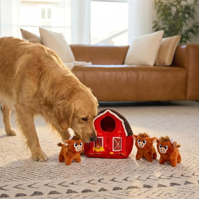 Outward Hound Hide-A-Cow Dog Toy, 2-in-1 Interactive Hide & Seek Plush Puzzle with Barn & 3 Squeaky Highland Cows