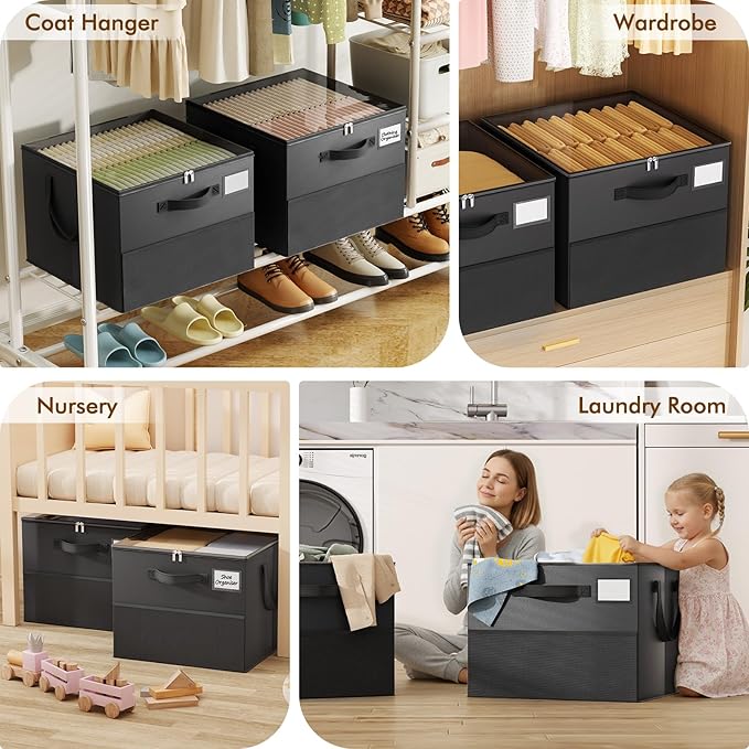 NestOrganix 2 Pack Shoe Organizer for Closet, Large Shoe Box Storage Containers, Foldable Shoe Storage Organizer Box Bin with Adjustable Dividers and Clear Cover, Space Saving Shoes Holder, Black