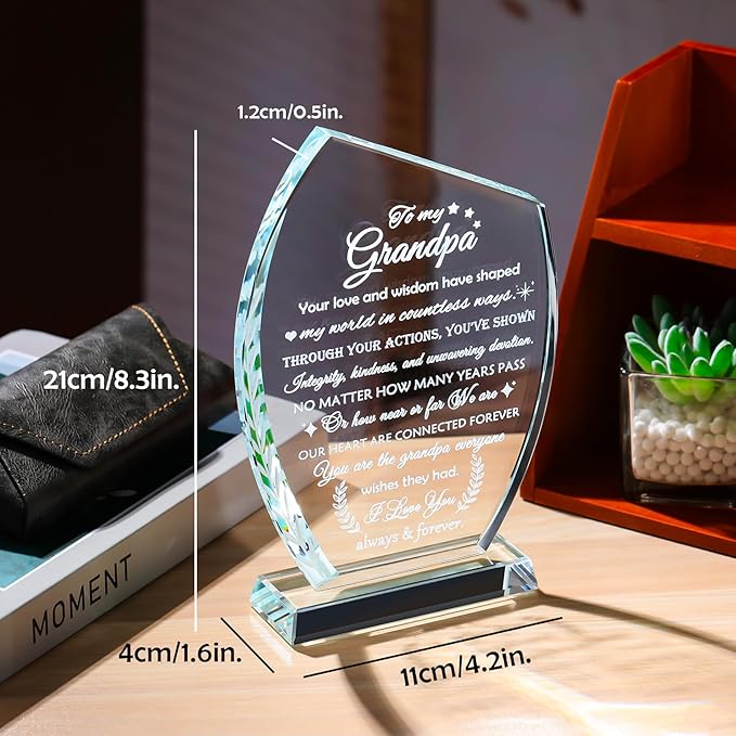 QIANWEI Glass Plaque Birthday Gifts for Grandpa from Grandkids, Best Grandpa Ever Gifts from Granddaughter, To My Grandfather Gifts for Christmas Thanksgiving Fathers Day Retirement