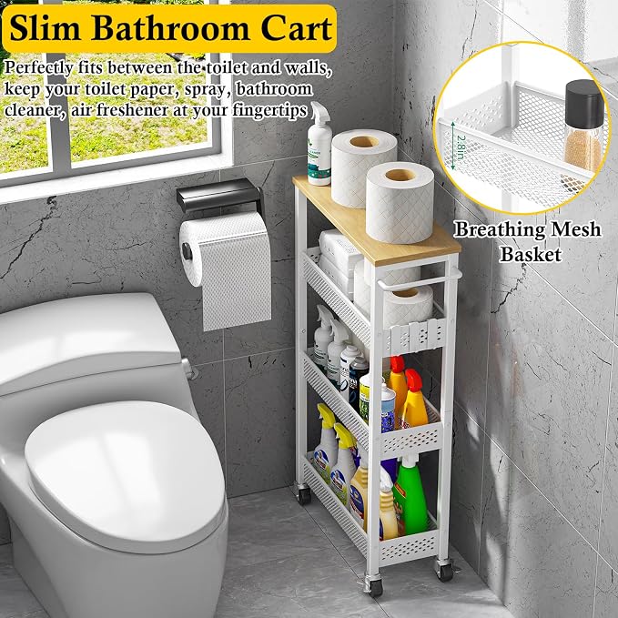 OKZEST Utility Slim Storage Cart, 4 Tier Small Rolling Kitchen Laundry Room Cart with Wood Top, Metal Narrow Bathroom Storage Cabinet Mobile Shelf Unit Organizer Trolley with Handle for Narrow Space