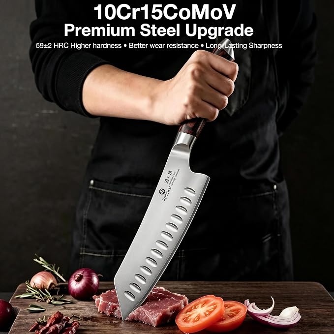 imarku Japanese Santoku Knife 7 Inch, 10Cr15CoMoV 3-Layer Stainless Steel | Ultra-sharp hollow-edge kitchen chef knife 59±2 HRC, lasting sharpness & rust resistant, ergonomic Pakkawood grip, gift-ready