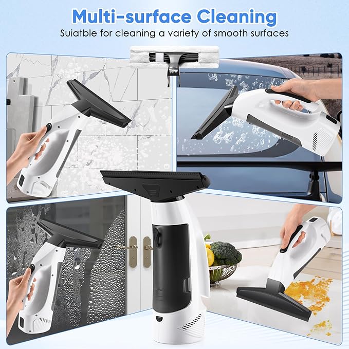 Electric Window Vacuum Squeegee, 2000Pa Rechargeable Window Cleaner Cordless with 200ML Water Tank, Cleaning Kit with Spray Bottle & Microfiber Pad for Glass, Mirror, Shower Door, Car Windshield