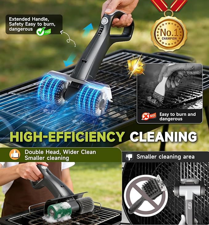 Electric Grill Brush Rechargeable, Dual Brush Heads Design Cordless Electric BBQ Grill Cleaner with Replaceable Head (Gray)