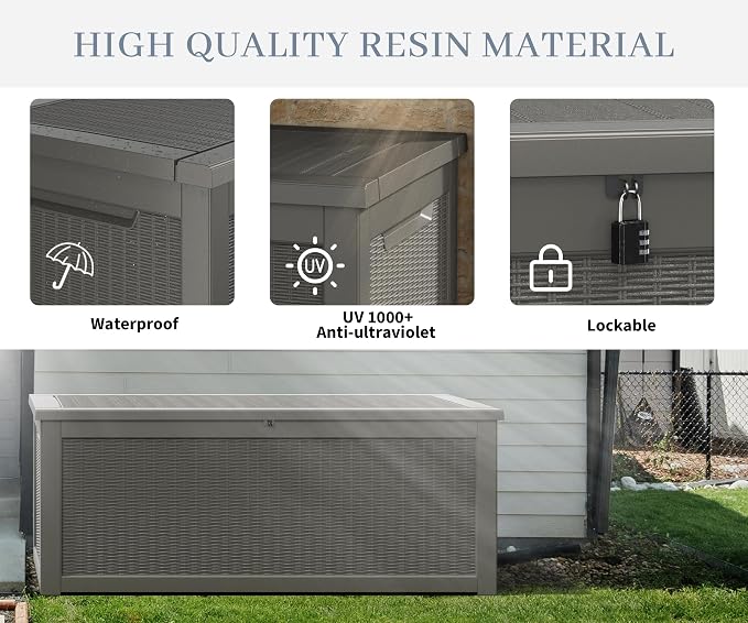 300 Gal Deck Box, Outdoor Storage Box Waterproof Lockable, Gas Lift,Grey | Large sturdy resin deck box, double wall panels, waterproof backyard storage for package delivery, garden hoses outdoor tools
