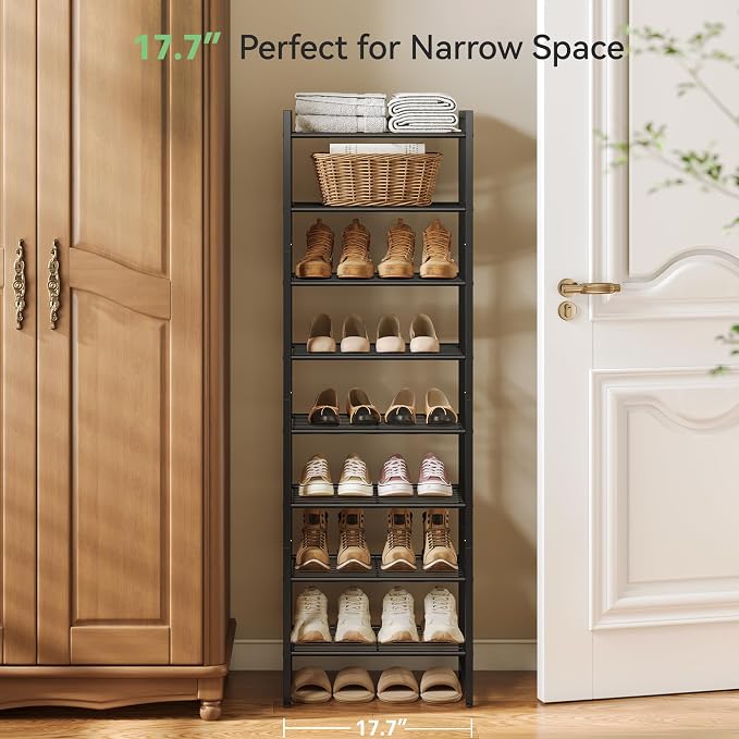 Nunsino Narrow Shoe Rack, 8-Tier Metal Shoe Organizer,Tall Shoe Shelf with Anti-Tip Strap, Max Holds 18 Pairs,Space Saving for Closet,Entryway,Black