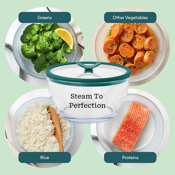 Anyday 7-Cup Glass Microwave Steamer (Clear Kale) | Vegetables, BPA-Free, Vegetable Steamer Bowl, Vented Glass Lid, Healthy Microwave Cooking, Broccoli, Veggies, Meal Prep
