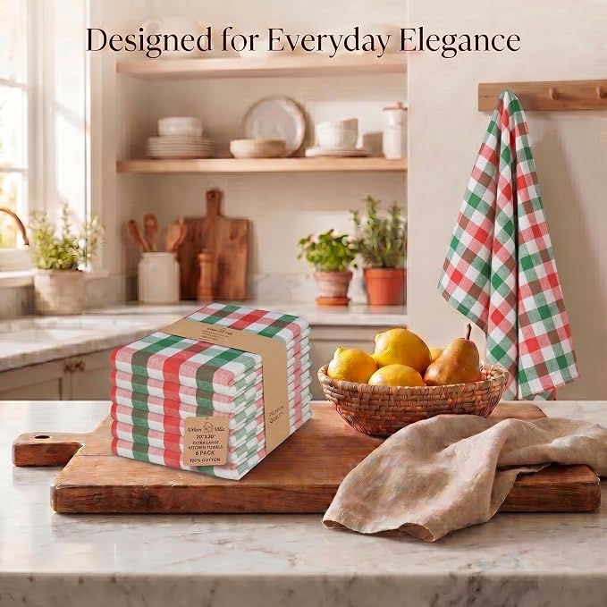 Urban Villa Christmas Kitchen Towels 100% Cotton Dish Towels for Kitchen (Set of 6) 20”x30” Dish Cloths Absorbent Kitchen Linen Set with Hanging Loop Perfect for Drying Dishes Cleaning – X MAS Checks