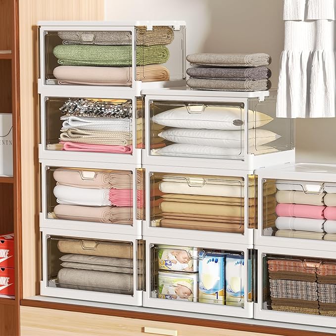 Kmiectse Clear Storage Bin with Lid 3 Pack 【Stackable & Sturdy】 Plastic Multifunctional Folding Storage Bins for Bedroom, Living Room, Study,Room, 23 QT Folding Box with Magnetic Door