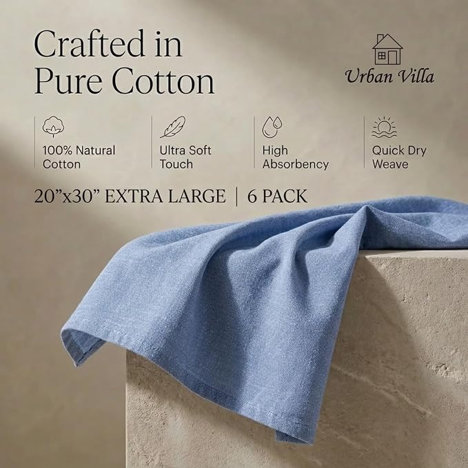Urban Villa Kitchen Towels 100% Cotton Dish Towels for Kitchen(Set of 8) 20”x30” Dish Cloths Absorbent Kitchen Linen Set with Hanging Loop Perfect for Drying Dishes Cleaning Hand Towels – Blue White