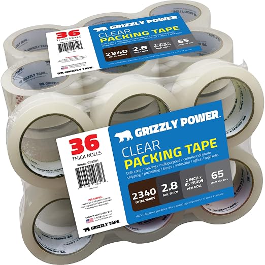 Grizzly Power Clear Packing Tape (36 Rolls) | Heavy Duty Packing Tape (2 Inch x 65 Yards), 3 Inch Core | 2.8mil Thick Strong Adhesive for Moving Boxes, Shipping Cartons, Office Use, Storage & Wrapping